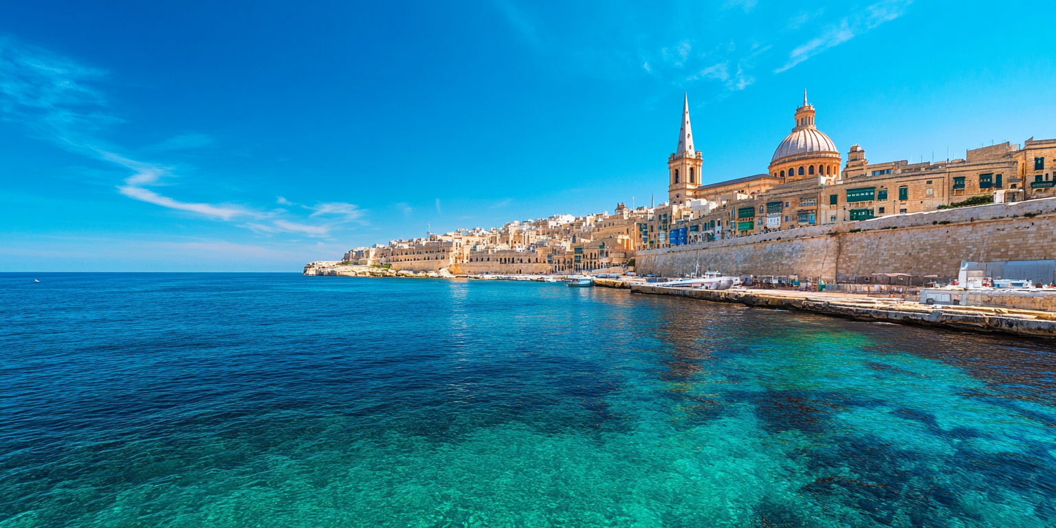 Malta’s coastline at sunrise, with turquoise waters and a peaceful Mediterranean village in the background