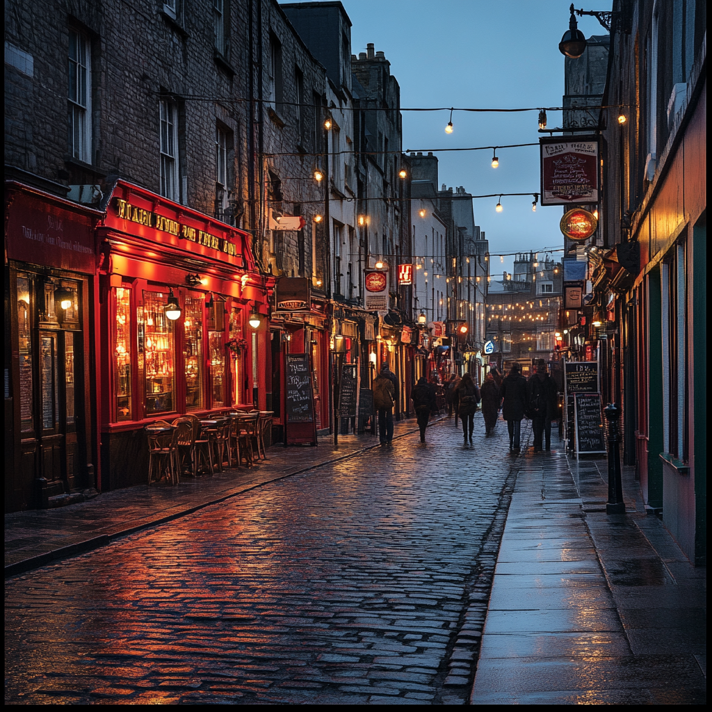 A vibrant night scene of Temple Bar in Dublin, with warm streetlights reflecting off the cobblestone streets and people enjoying the lively atmosphere